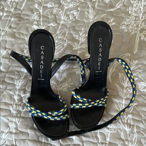 Casadei Black Heeled Sandals with Blue and Yellow Braided Straps